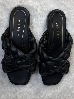 Vionic‎ Kalina Vegan Leather Braided Slides Sandals 7 Black Square Toe Comfort